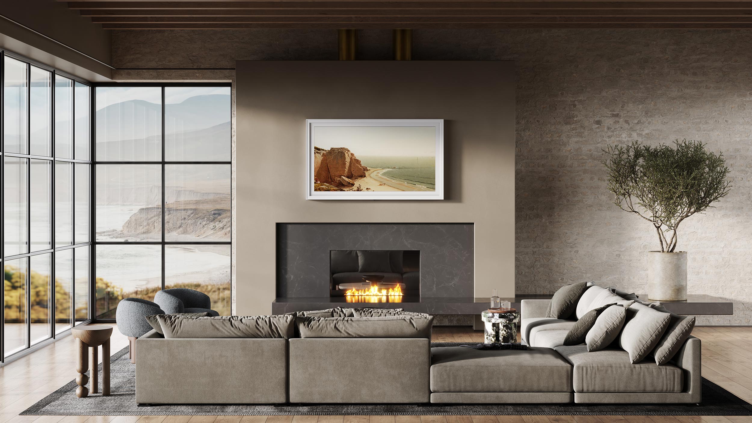Stylish living area with a frame TV above a fireplace, displaying a beach scene